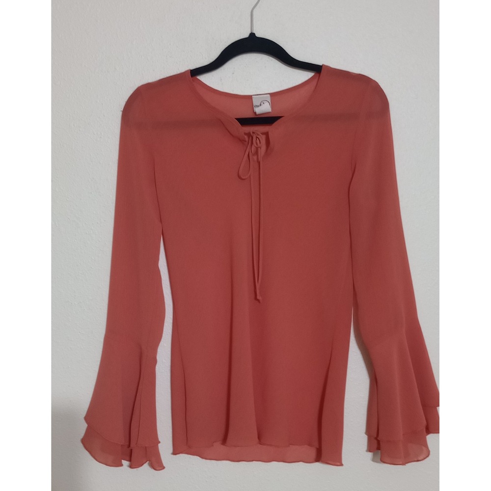 Studio Y Coral Sheer Chiffon Bell Sleeve Tie Neck Blouse Made in USA Small
